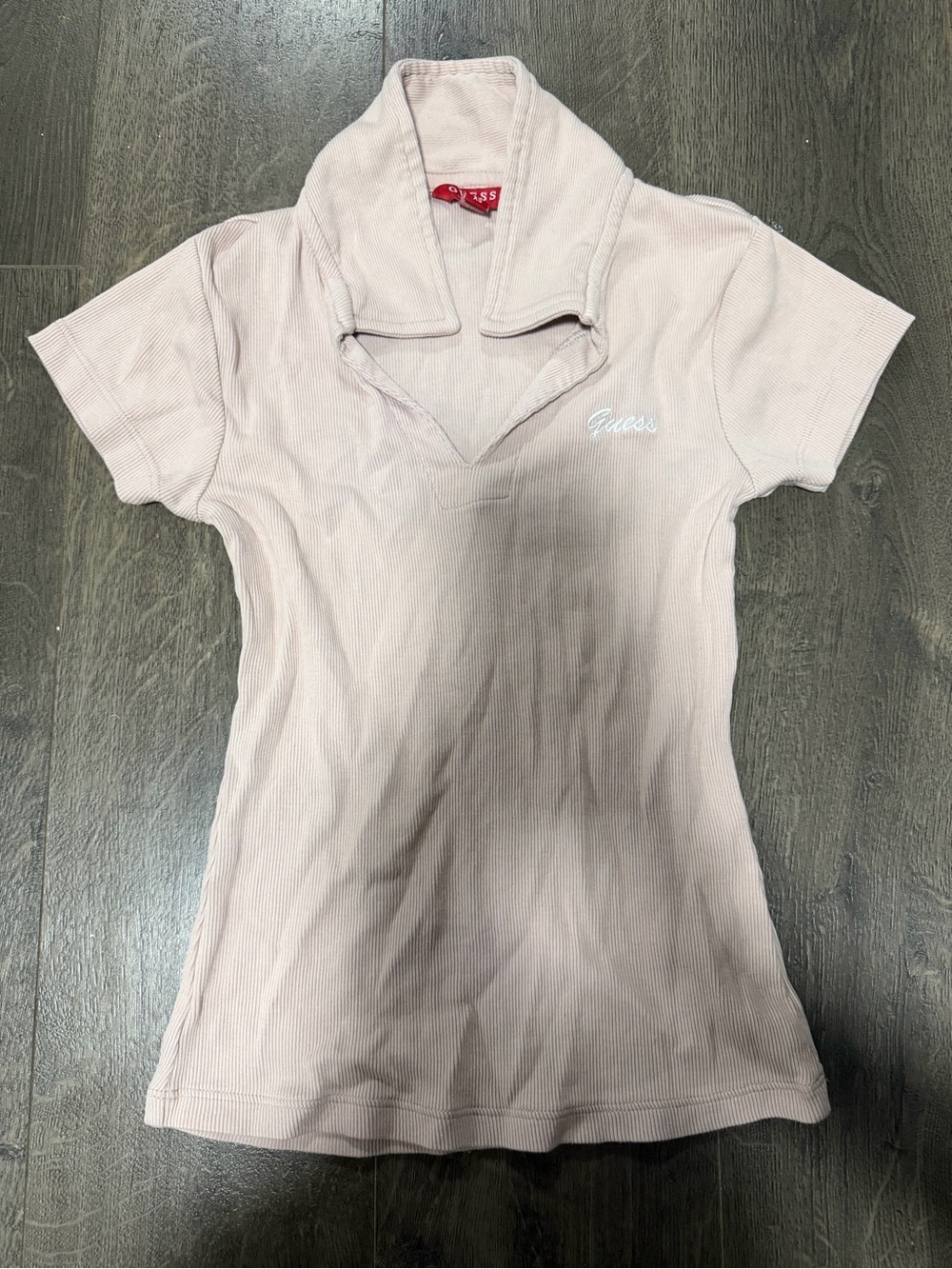 Guess Ribbed Short Sleeve Polo Top in Pale Pink XS